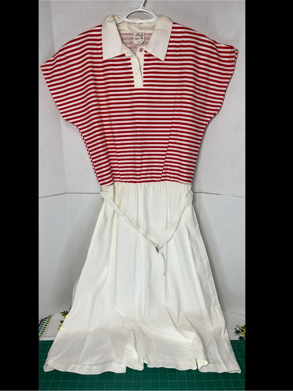 Red & White Striped Polo-Style Midi Dress with Tie Waist